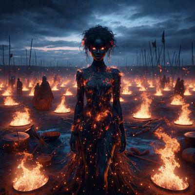 The primary subject of the image is a woman standing in a field of fire. She is wearing a dress and appears to be the main focus of the scene. The setting is a dark, possibly nighttime, environment with a backdrop of fire. The visual style of the image is a combination of photo and digital art, creating a dramatic and intense atmosphere. The colors in the image are predominantly red and orange, which are associated with fire and heat. The overall mood of the image is intense, mysterious,